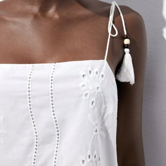 White Casual Women's Cotton Embroidered Long Spaghetti Strap Tassel Beach Dress - Picture 4 of 7